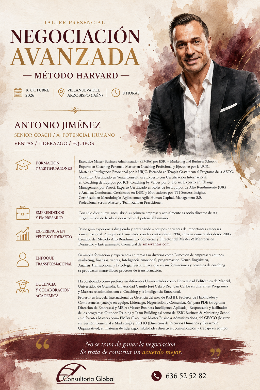 Infografía con la trayectoria profesional de Antonio Jiménez, docente del taller de Negociación Avanzada